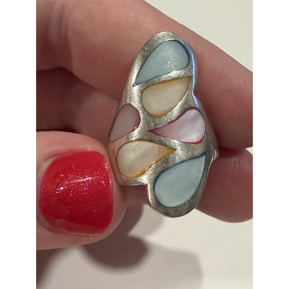 925 Sterling Silver Butterfly Wing Mother Of Pearl Rainbow Ring Size 5 - 5.5